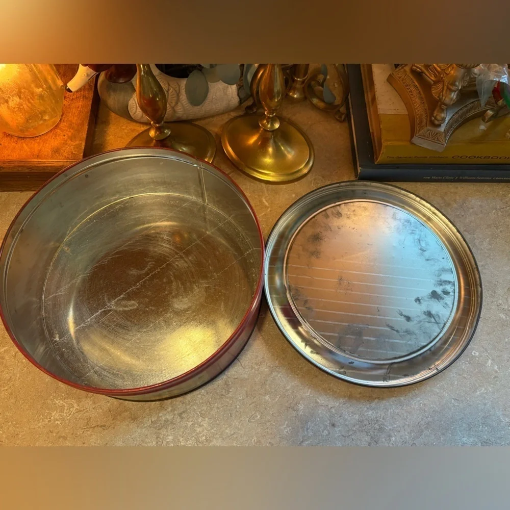Vintage original Round Metal Tin mom with kid nursery Storage Container